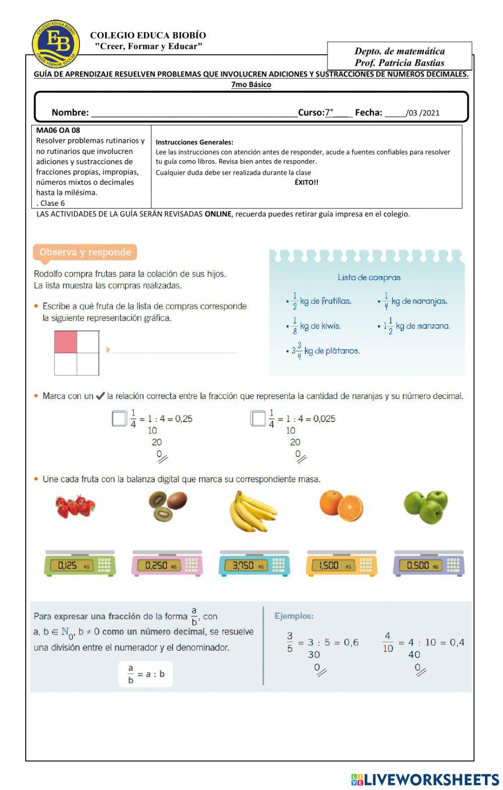 Guía 6 7° representar una fracción como un número decimal Guía 6 7° representar una fracción como un número decimal