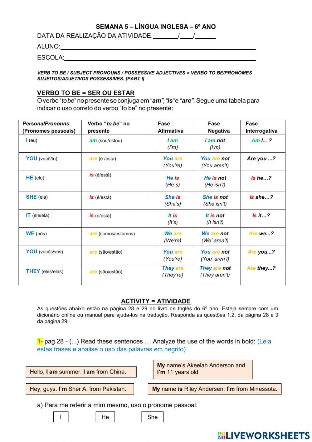 6° ano - INGLÊS - SEMANA 5 -