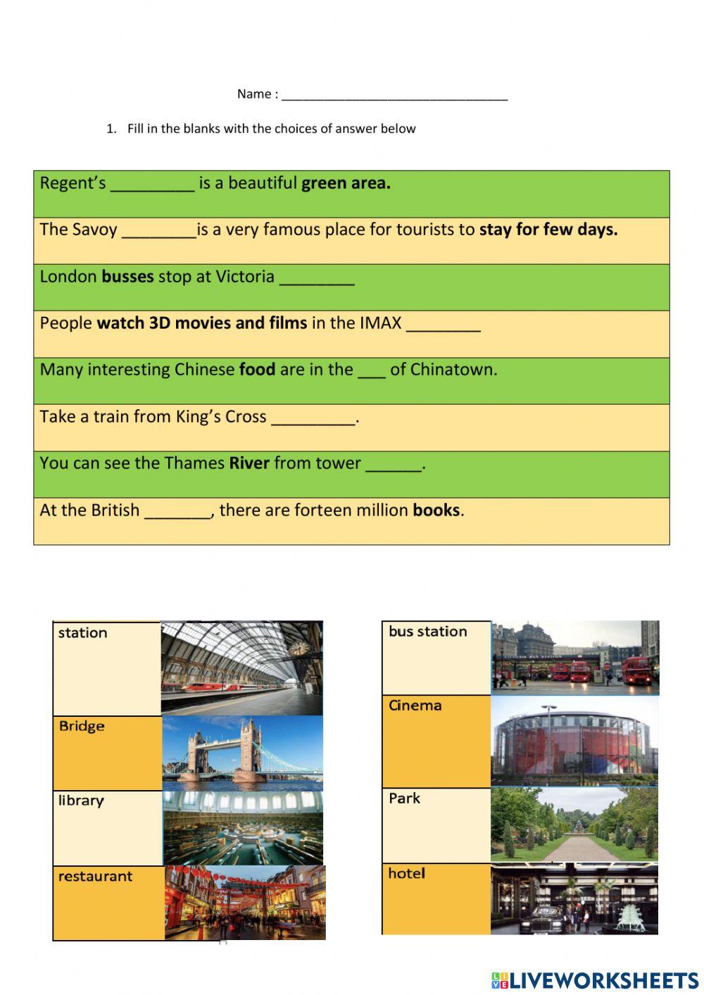 Worksheet for Places in the Cities or towns