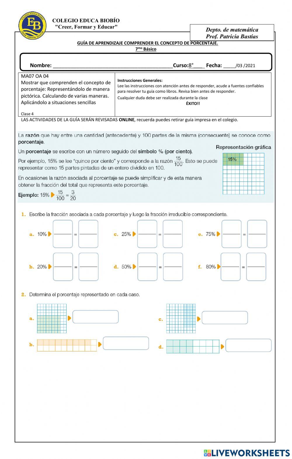 Guía 4 8° Comprenden el concepto de porcentaje.