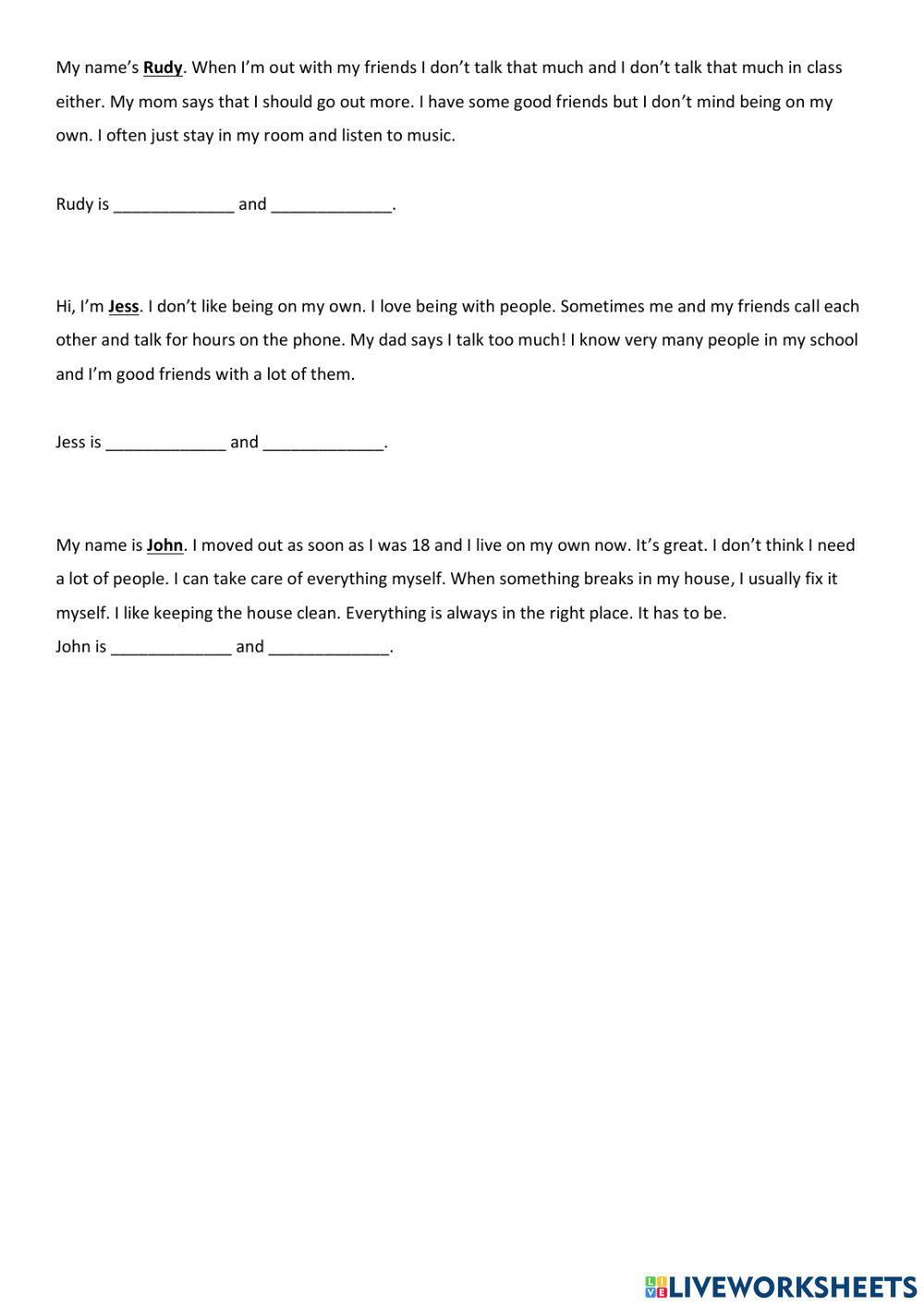 Mini test - personality adjectives and feelings