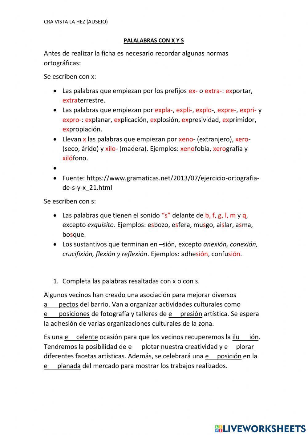 Palabras con x y s