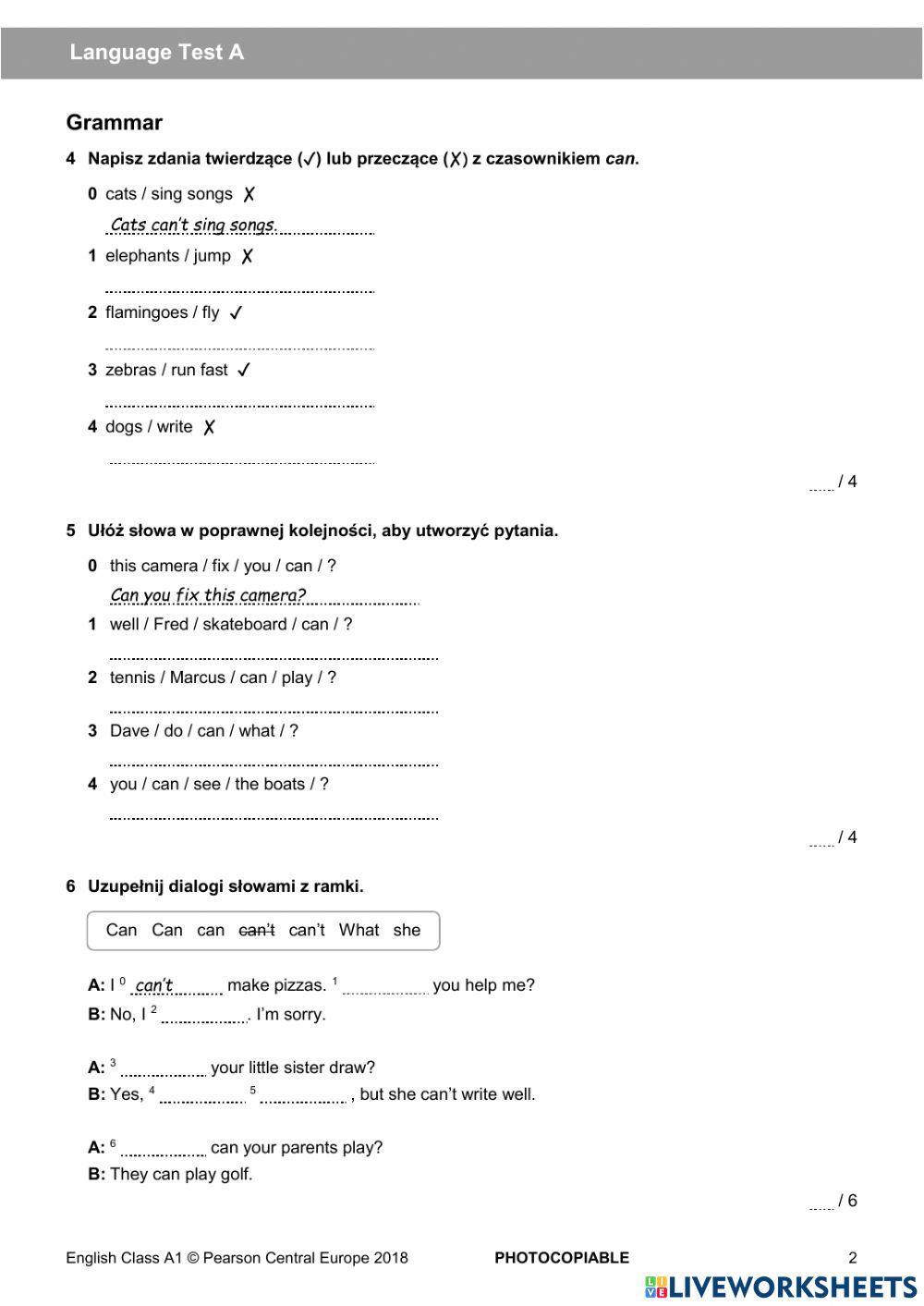 Test Unit 5 Klasa 4 Jacków