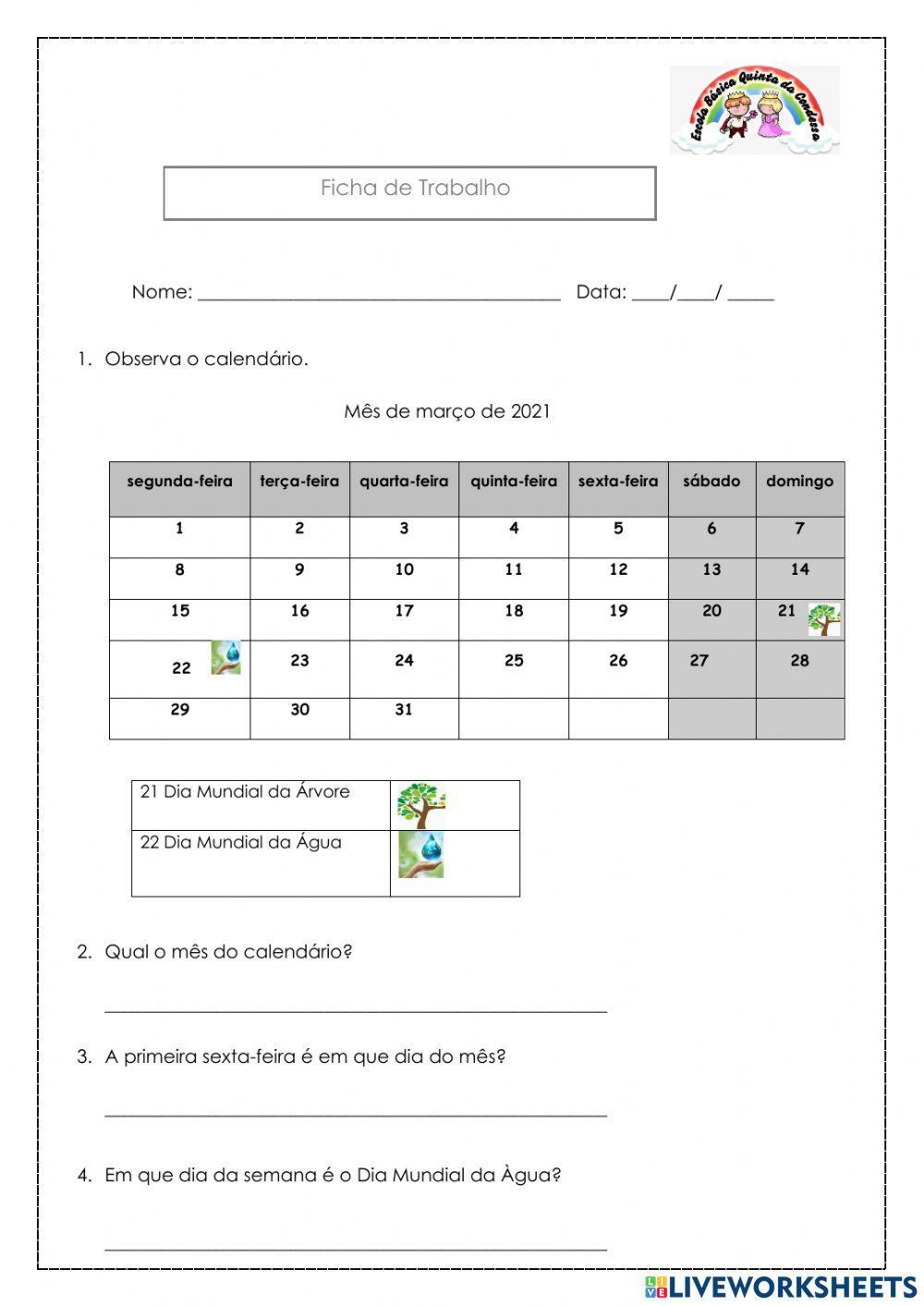 o mês do calendário de março