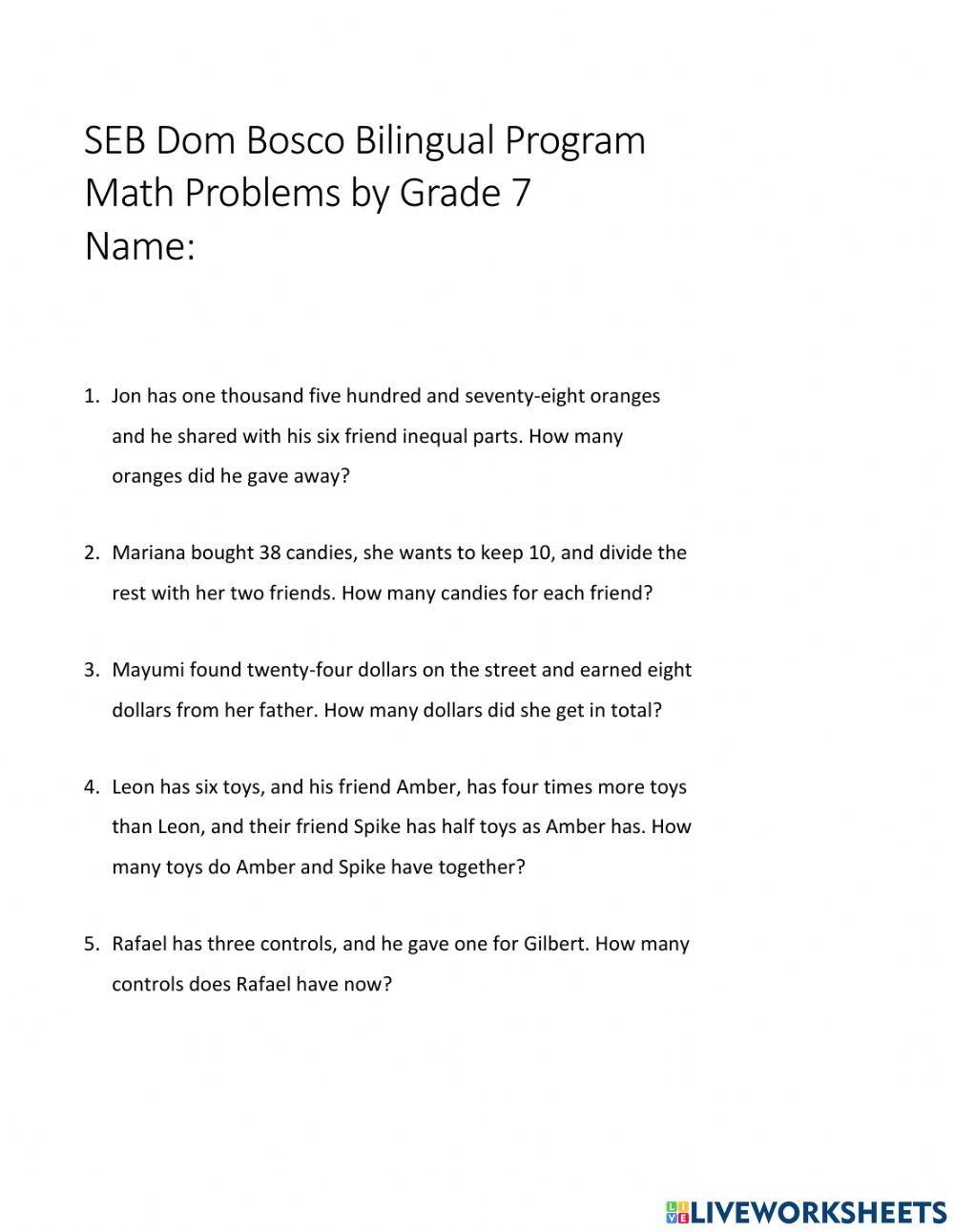 Math online exercise for 7th | Live Worksheets
