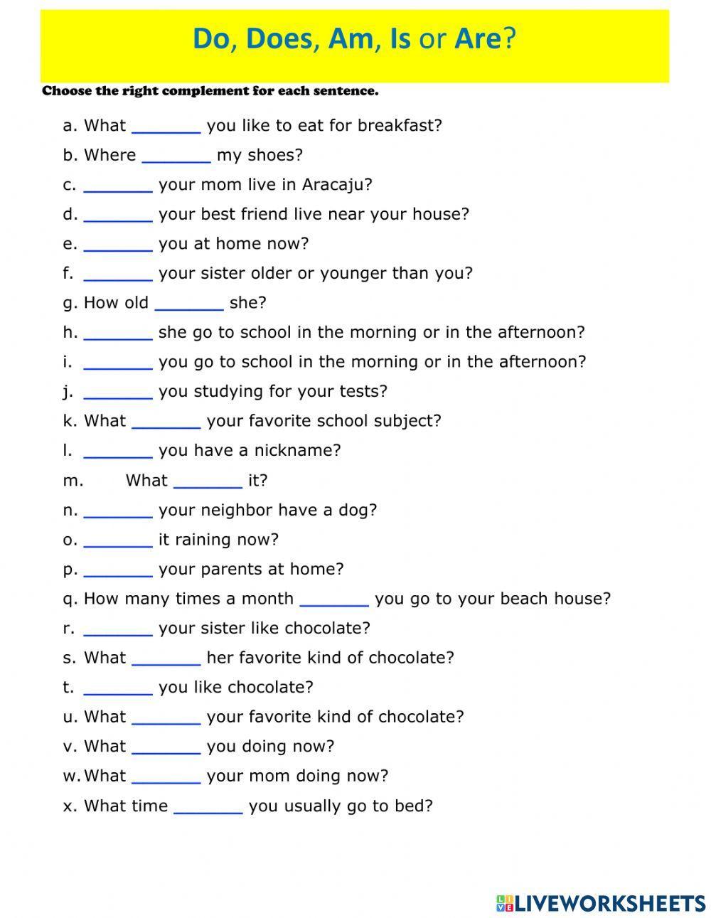Do does am is are worksheet live worksheets