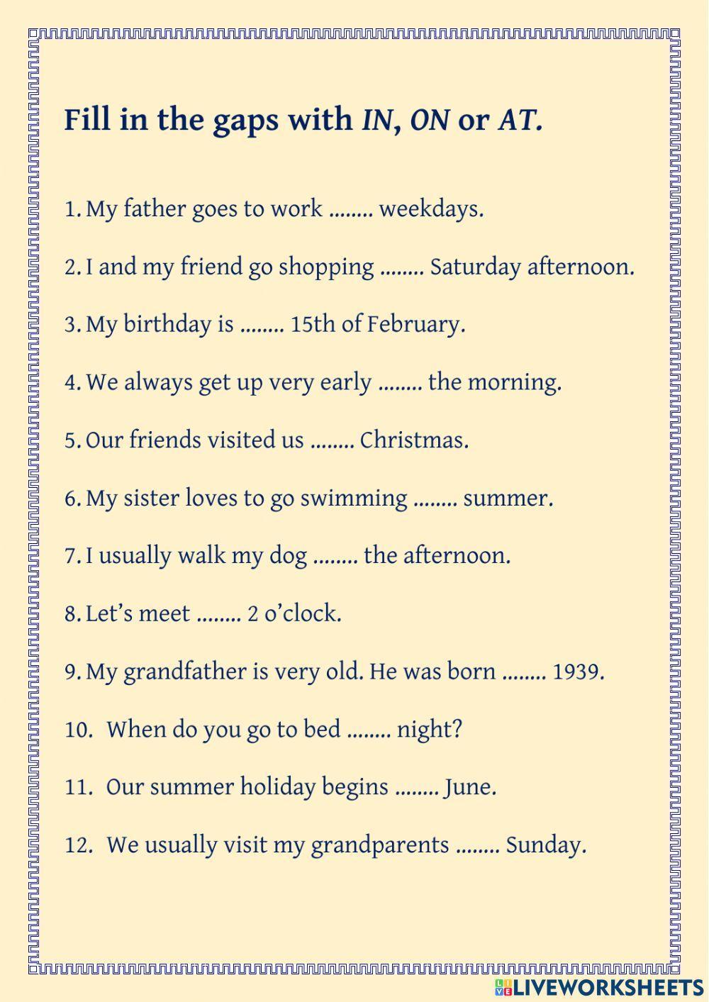 Time prepositions in, on and at
