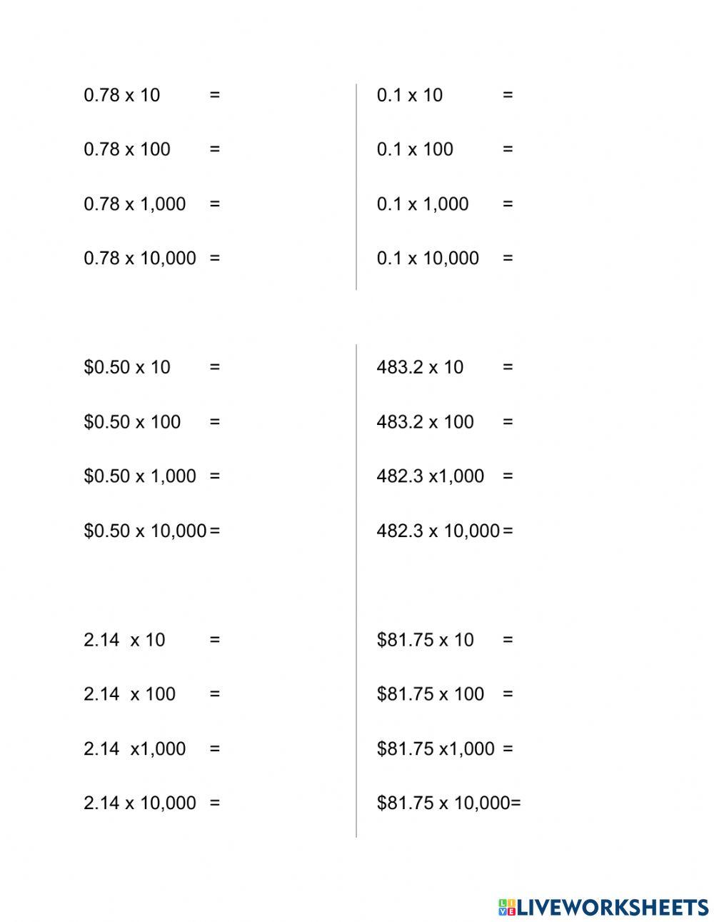 Patterns in Decimals worksheet Live Worksheets