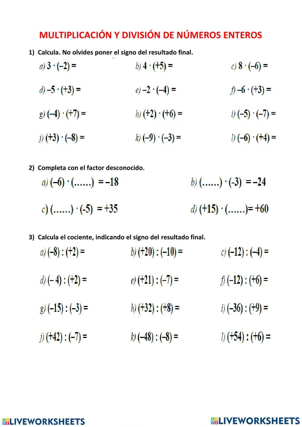 Multiplicacion y Division numeros enteros