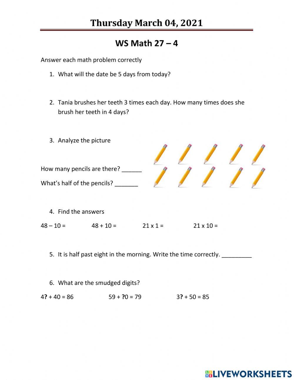 Math worksheet free exercise | Live Worksheets