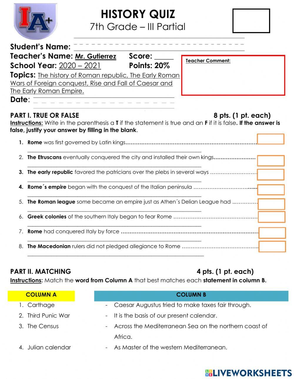 Quiz online exercise for HISTORY 7 Live Worksheets