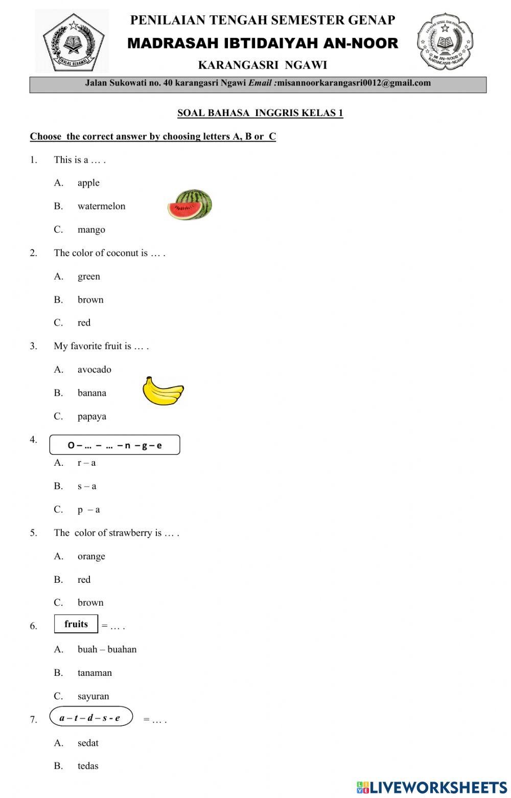 PTS2 Bahasa Inggris Kelas 1