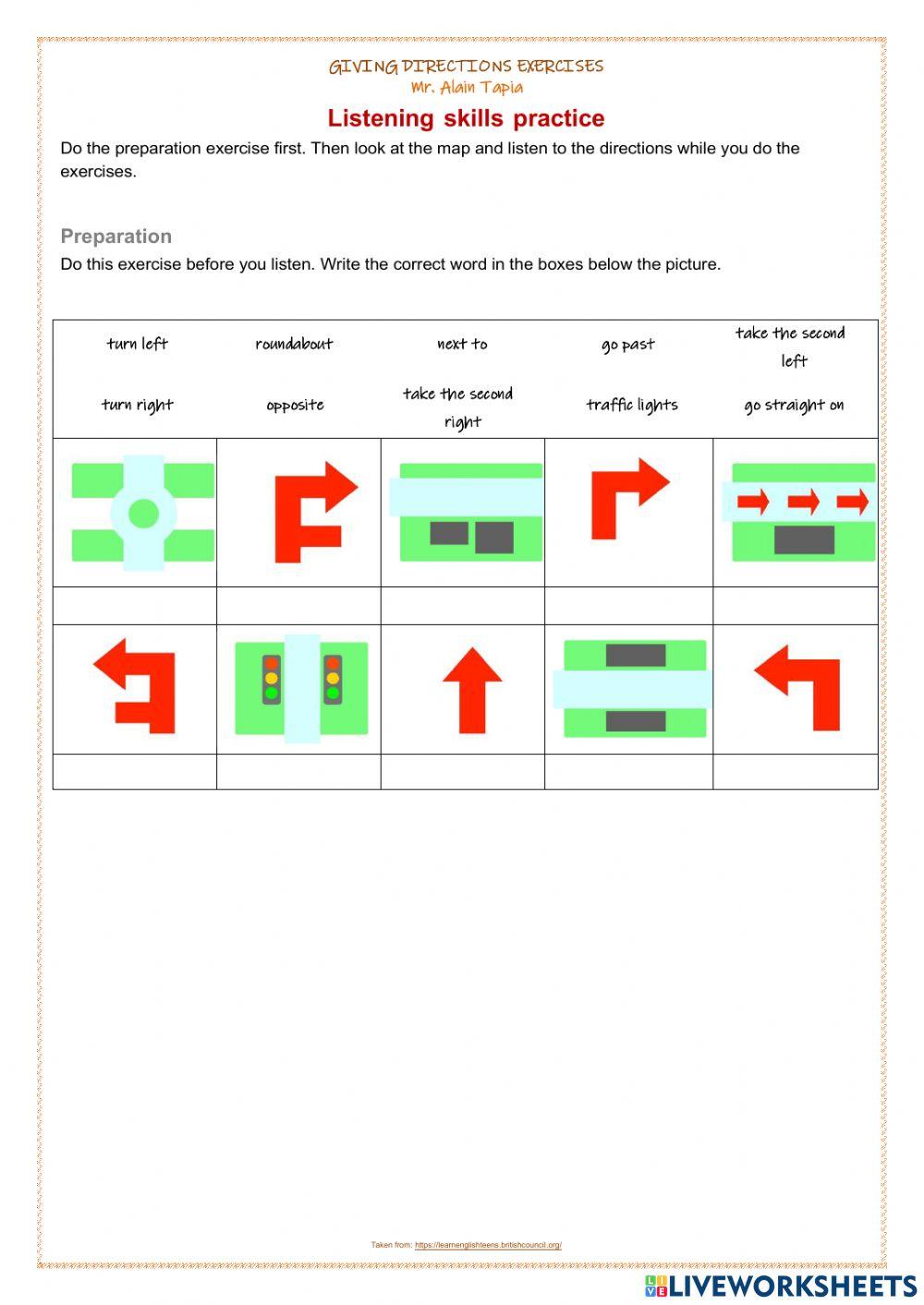 GIVING DIRECTIONS - LISTENING - WRITING EXERCISE