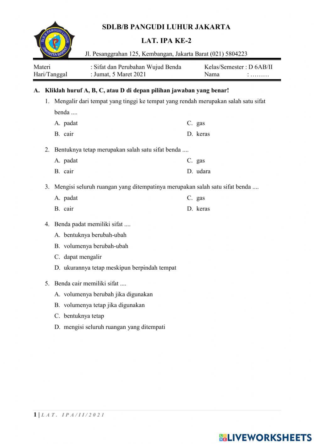 Latihan IPA Ke-2 Sifat dan Perubahan Zat