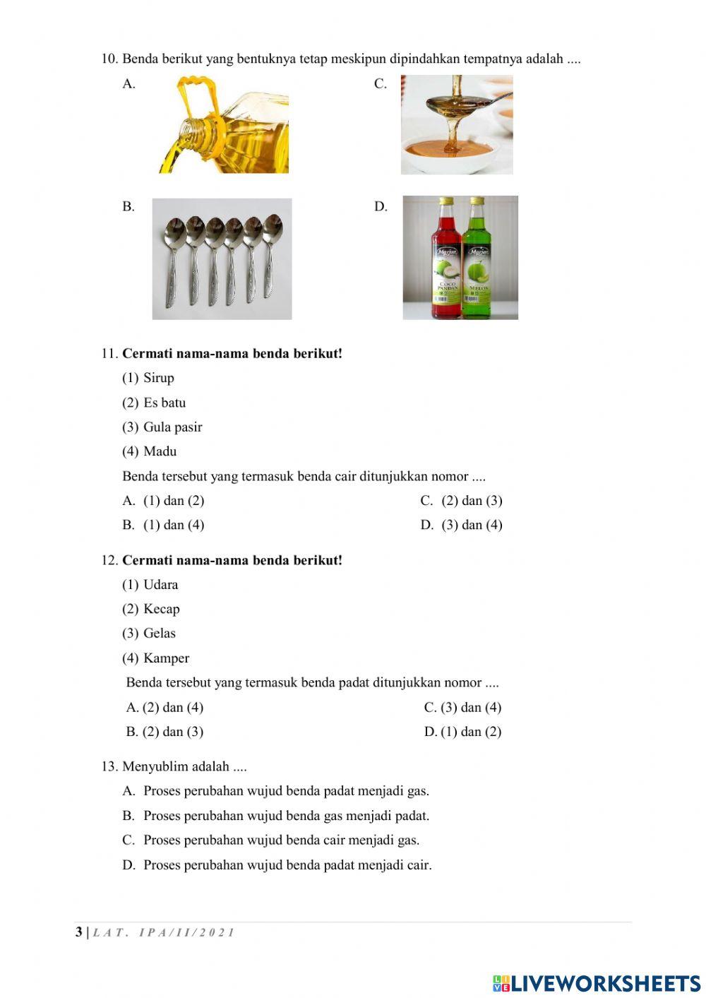 Latihan IPA Ke-2 Sifat dan Perubahan Zat