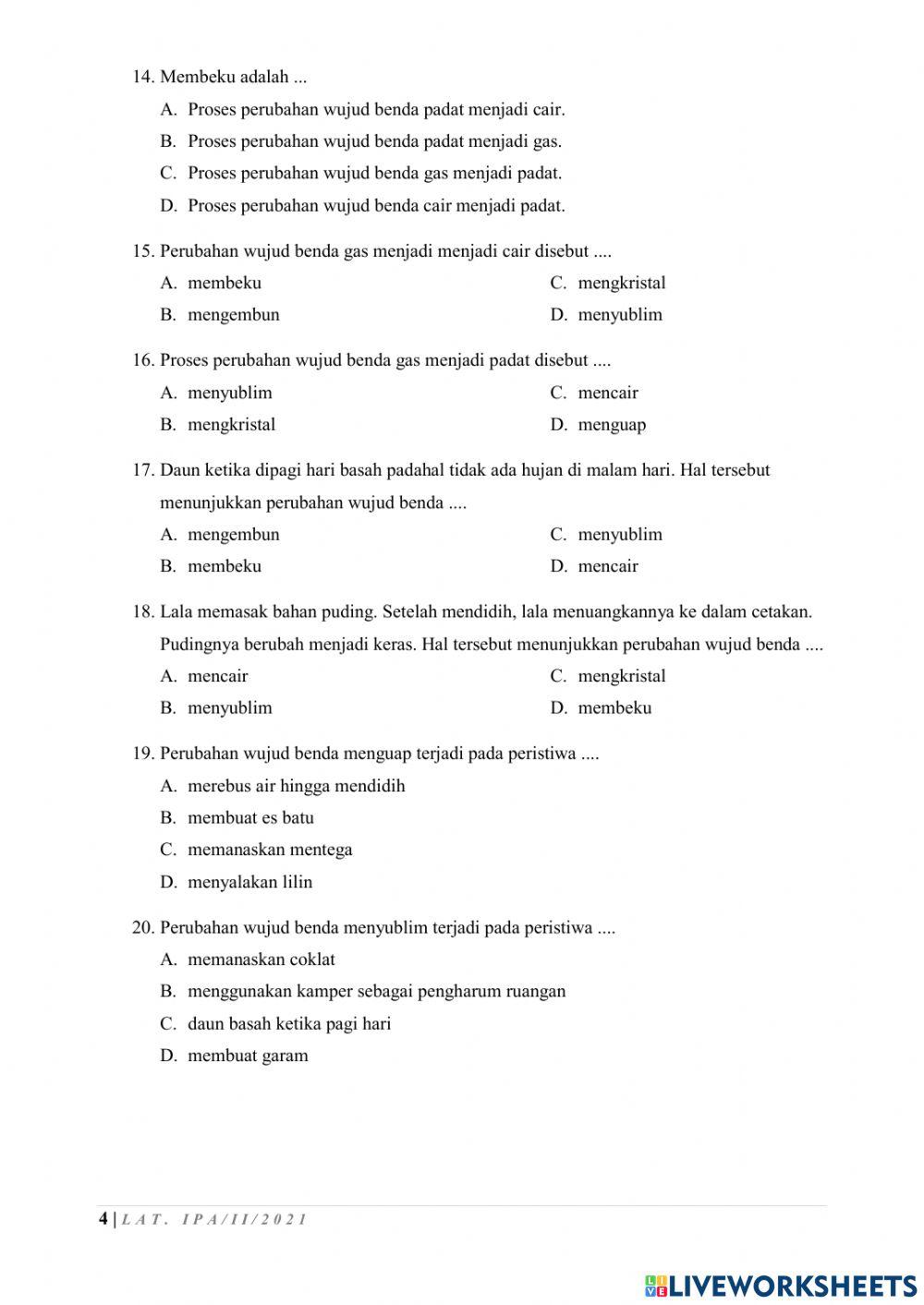 Latihan IPA Ke-2 Sifat dan Perubahan Zat