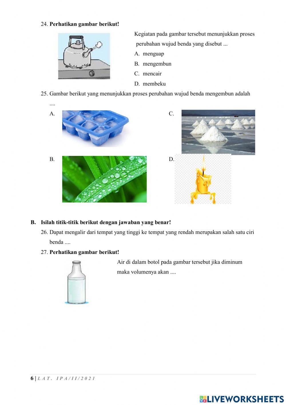 Latihan IPA Ke-2 Sifat dan Perubahan Zat
