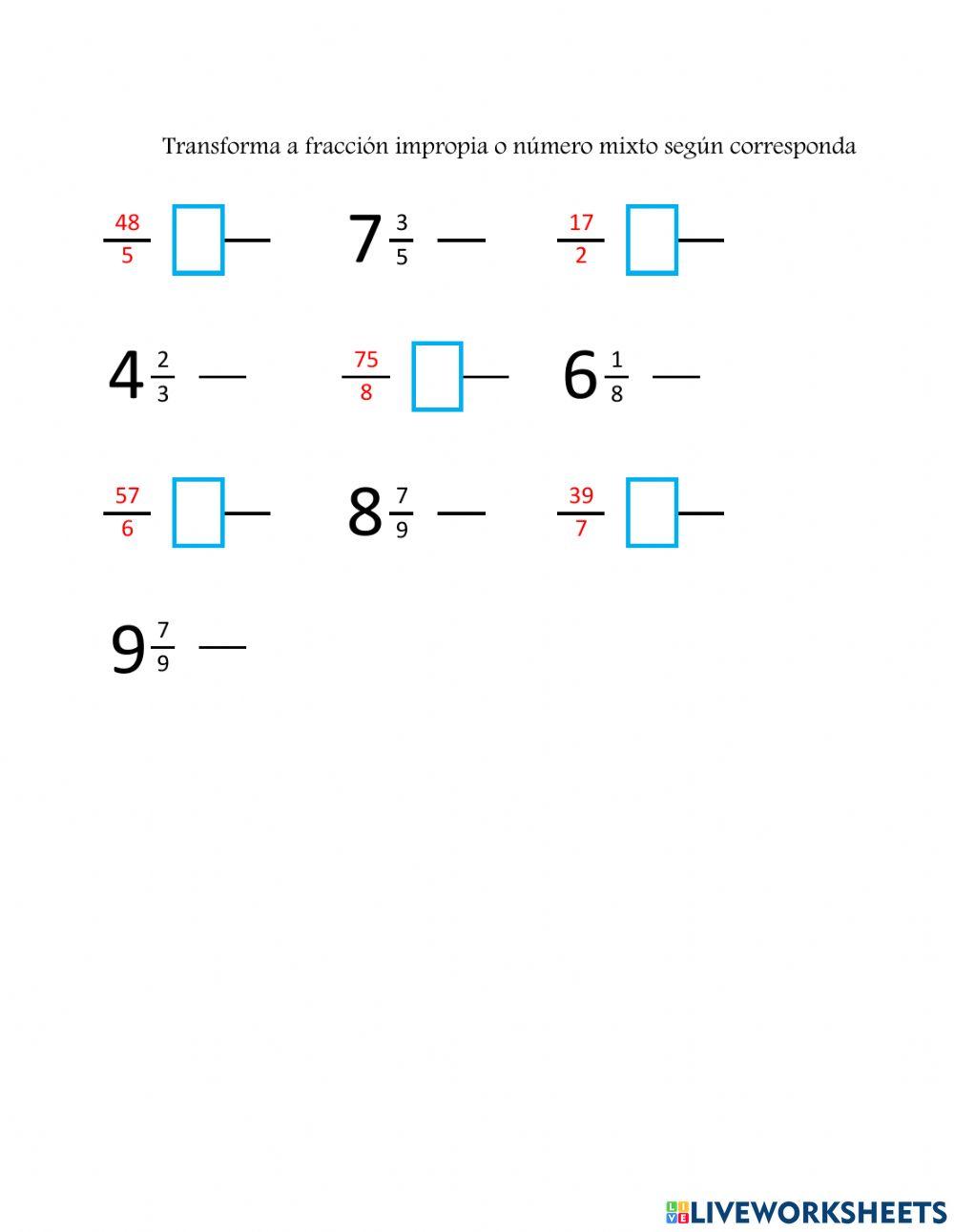 Número mixto -  fracción impropia