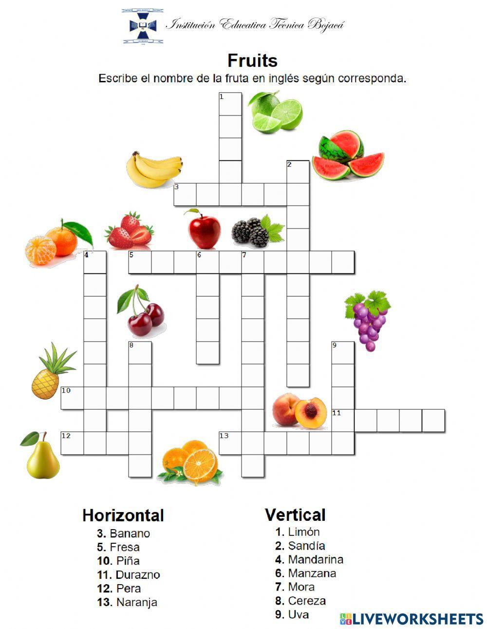 Crucigrama Frutas en inglés