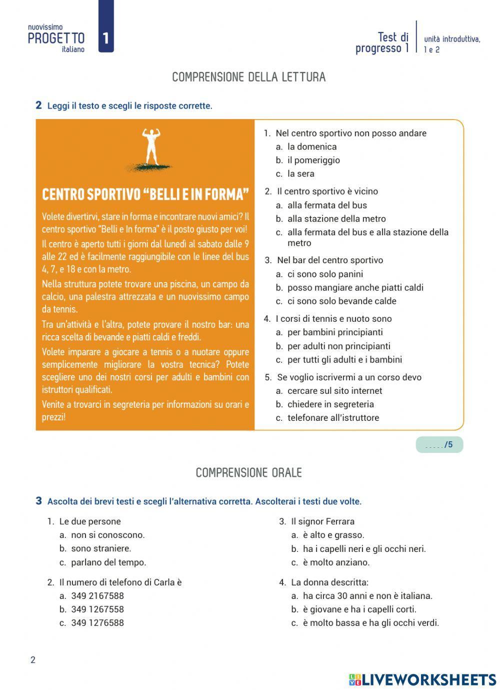 Test di progresso unità 0,1,2 Nuovissimo progetto italiano 1