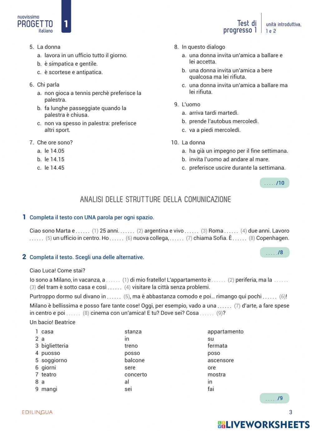 Test di progresso unità 0,1,2 Nuovissimo progetto italiano 1