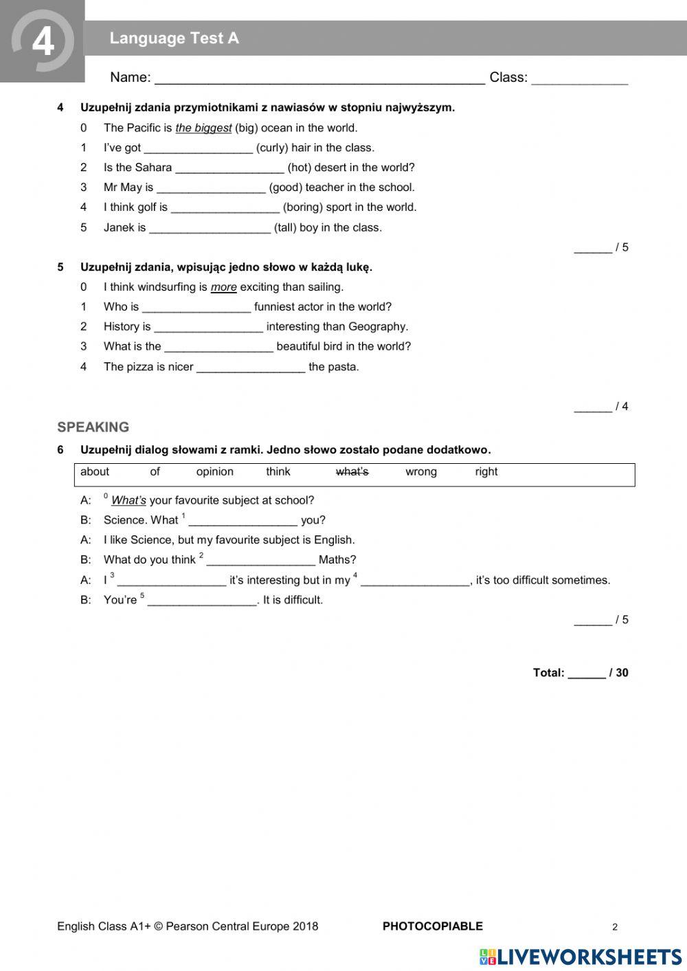 English Class A1+ Test Unit 4 English Class A1+ unit 4 test online exercise for | Live Worksheets