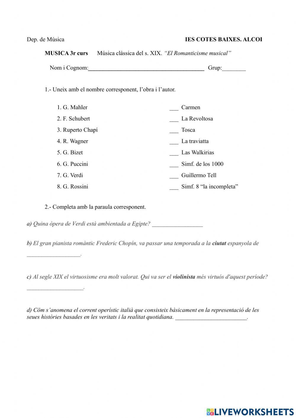 Música clàssica del s. XIX. “El Romanticisme musical”