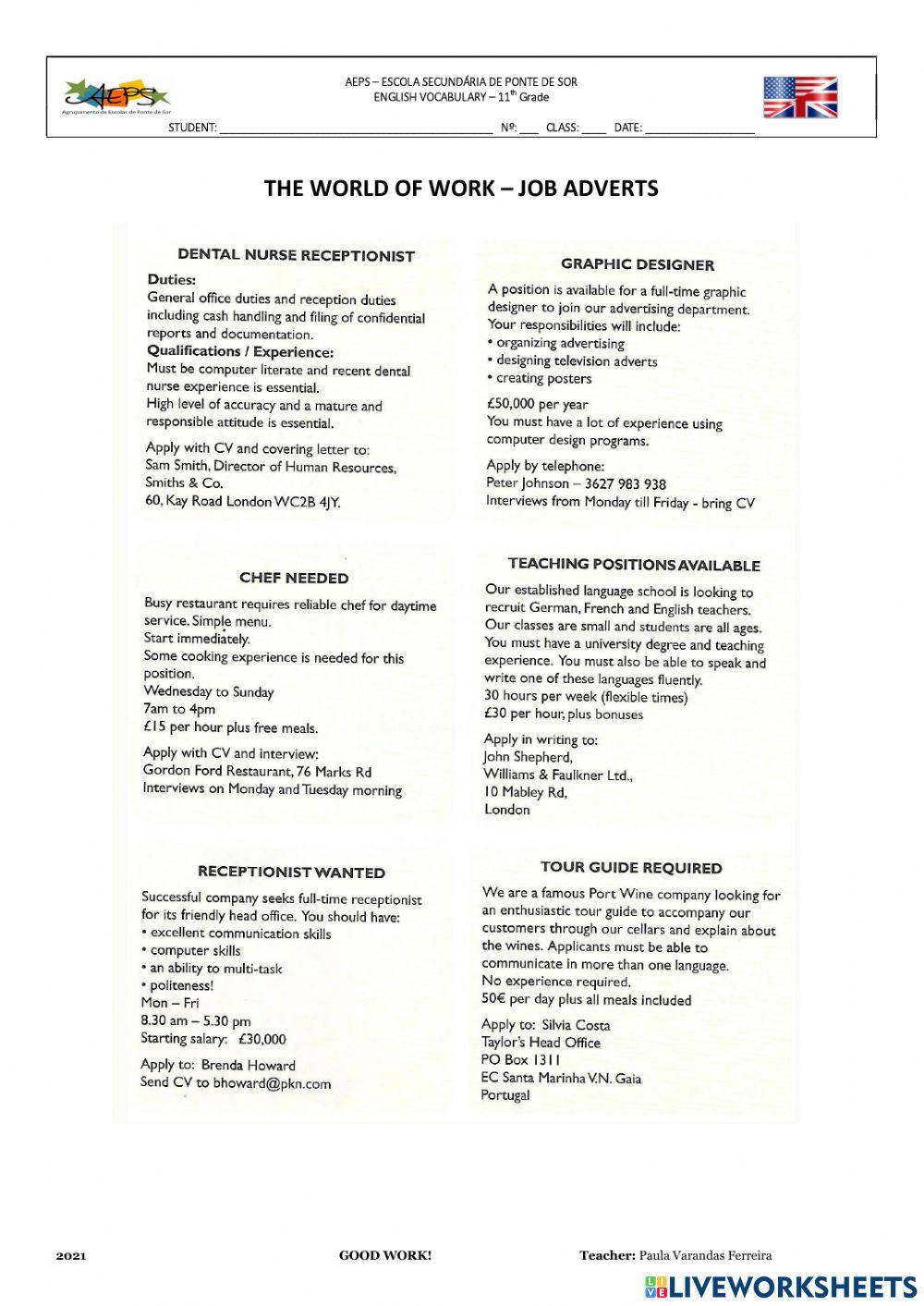 Worksheet on Job Adverts