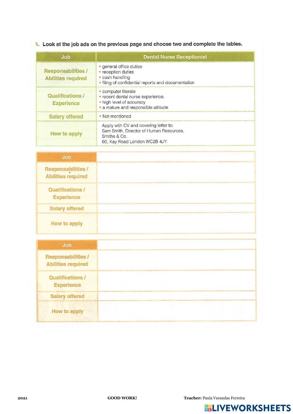 Worksheet on Job Adverts