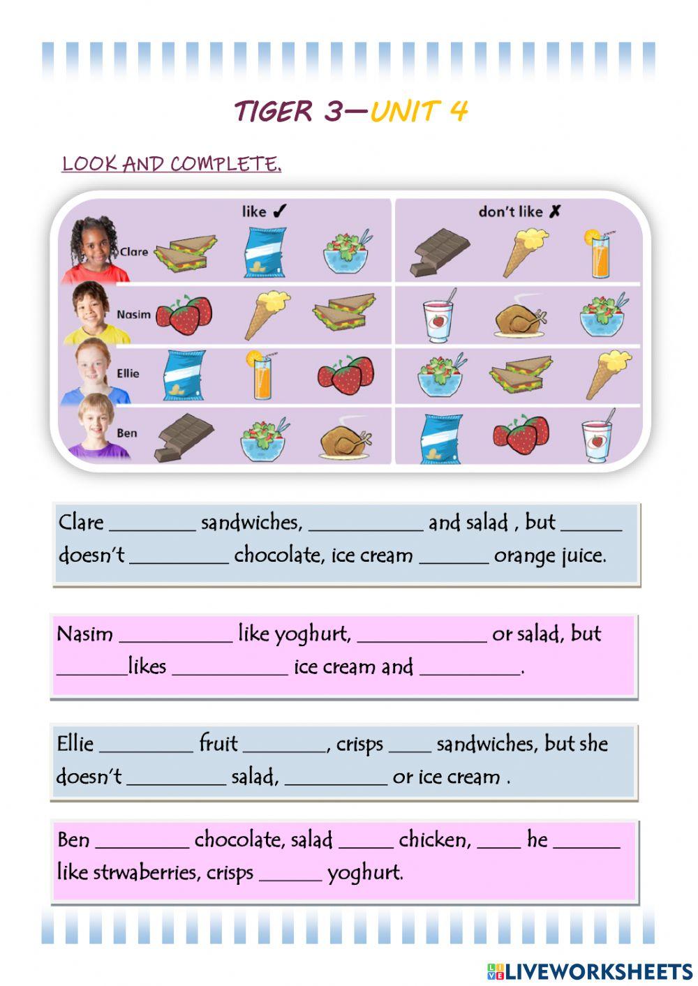 TIGER 3 - UNIT 4 - FOOD - likes - doesn't like - SHORT