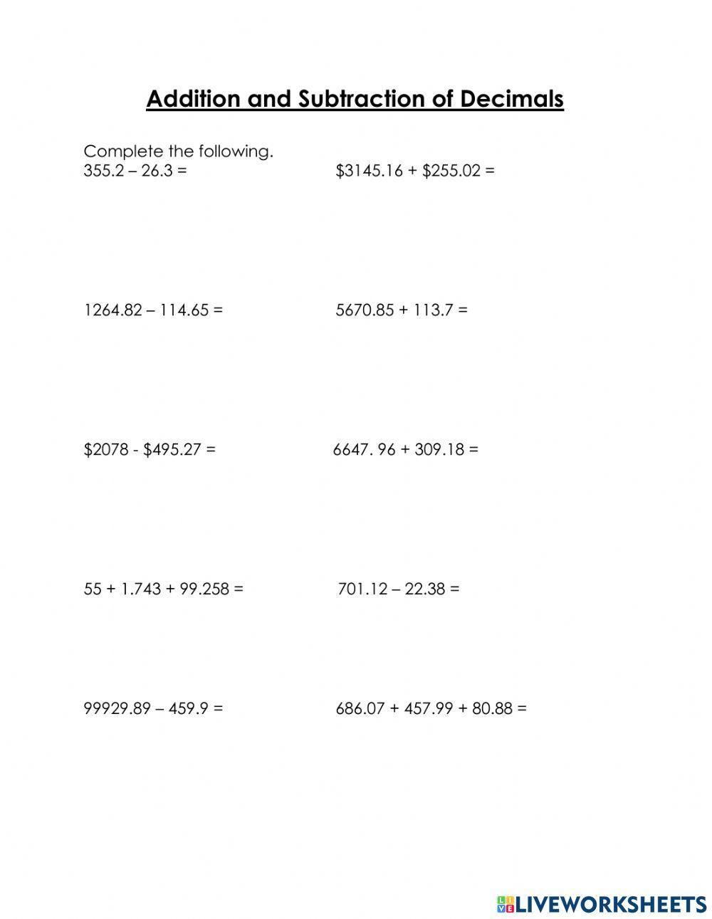 Addition and Subtraction of Decimals
