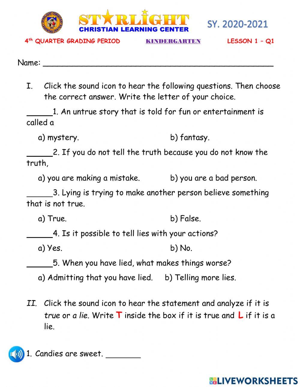 ESP-CL (KINDER) - 4th QTR - LESSON 1 QUIZ : LYING