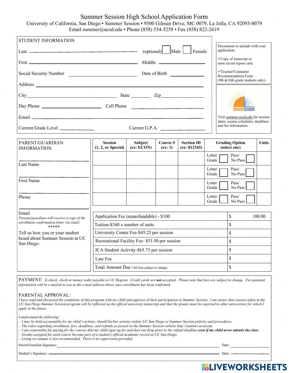High School Application Form Sample