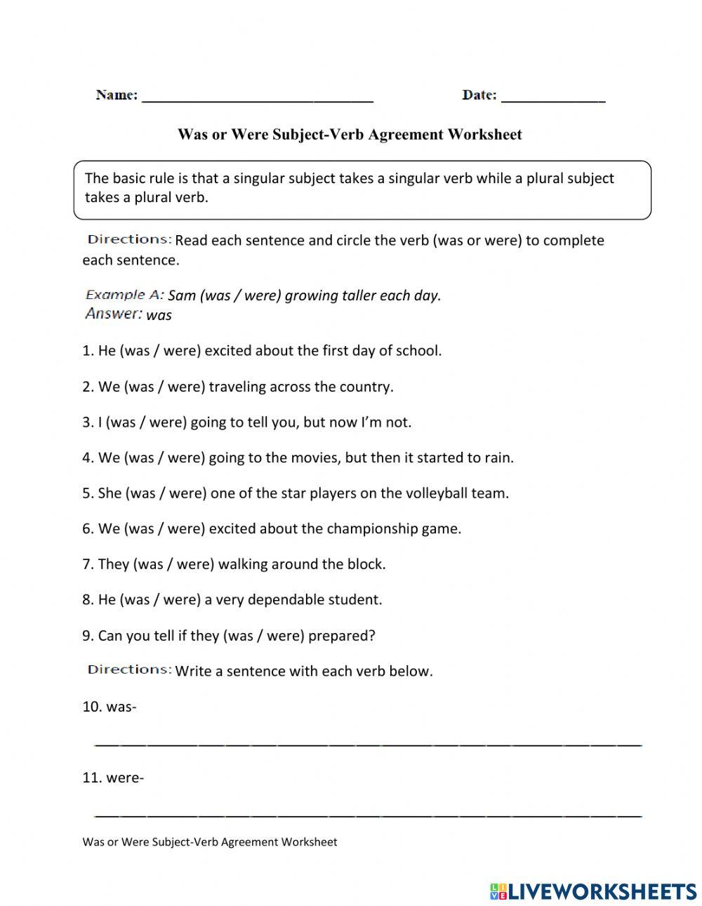 Subject verb agreement free online worksheet | Live Worksheets
