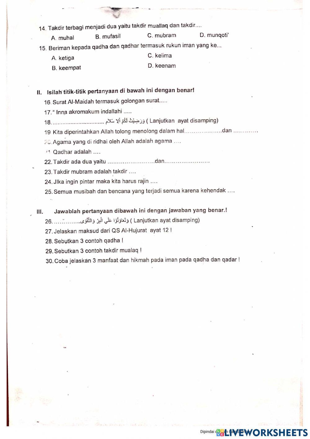 Soal PTS 2 PAI dan BP