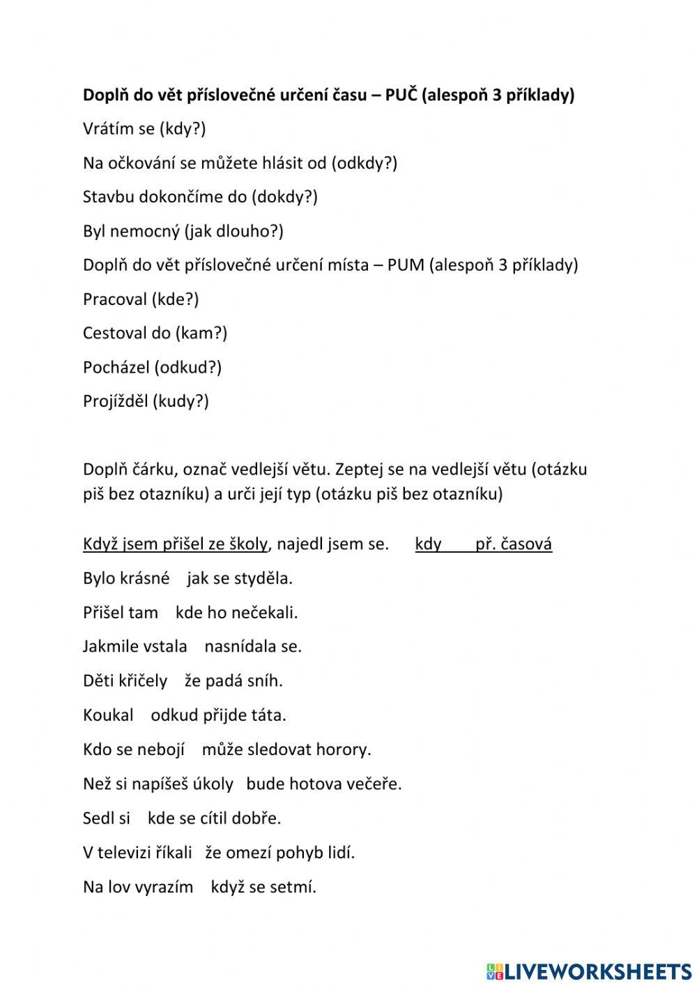 Vedlejší věty - časová, místní, PUČ, PUM