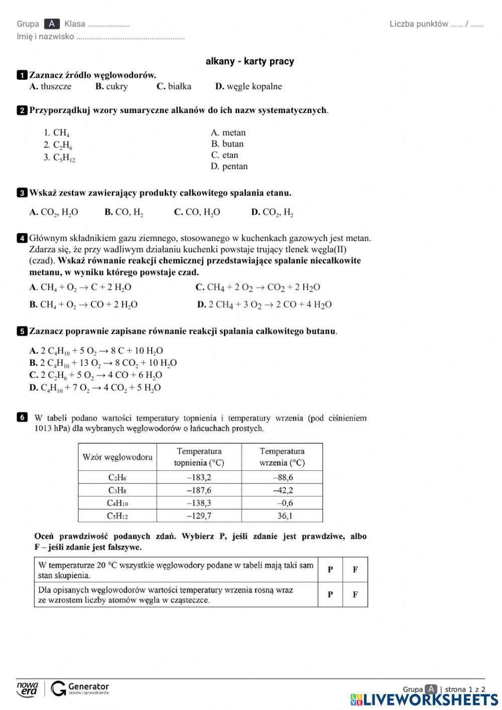 Chemia - alkany - karty pracy