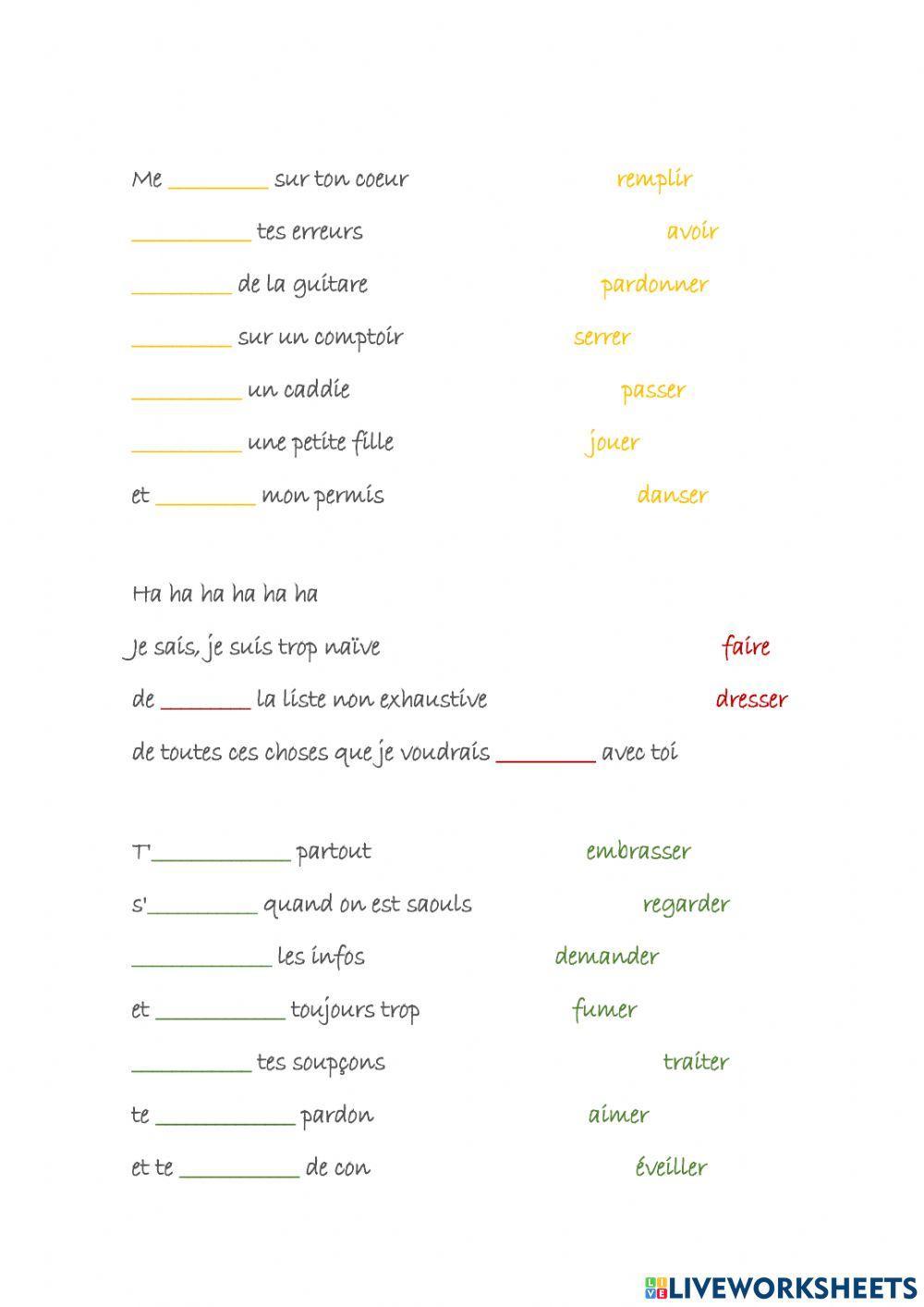 Les infinitifs en chansons Les infinitifs en chansons