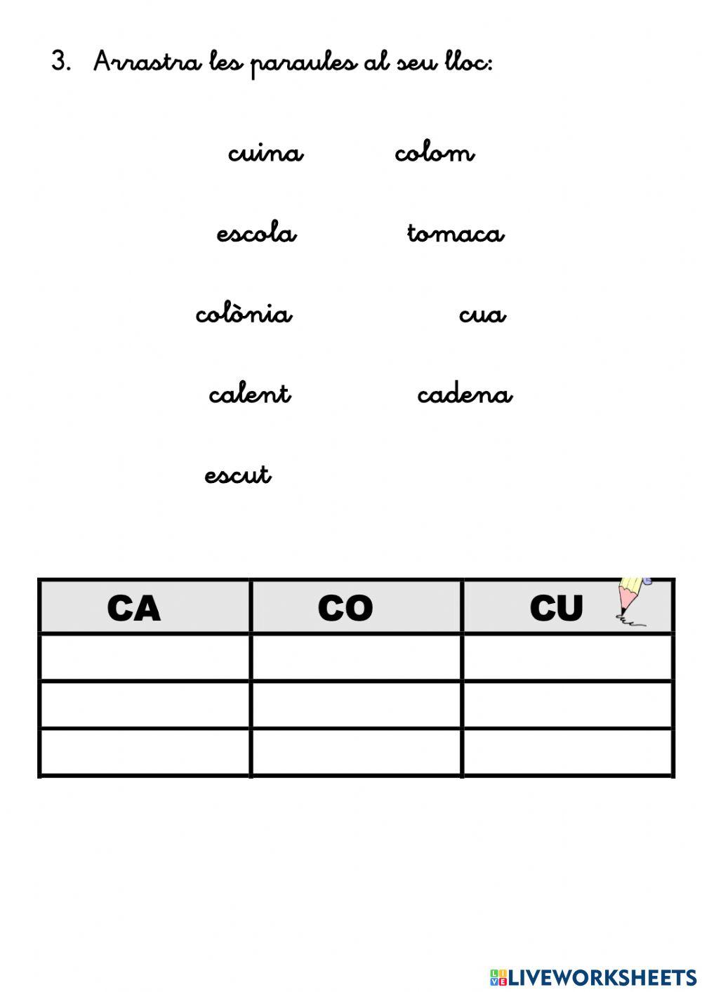 Paraules amb CA, CO, CU