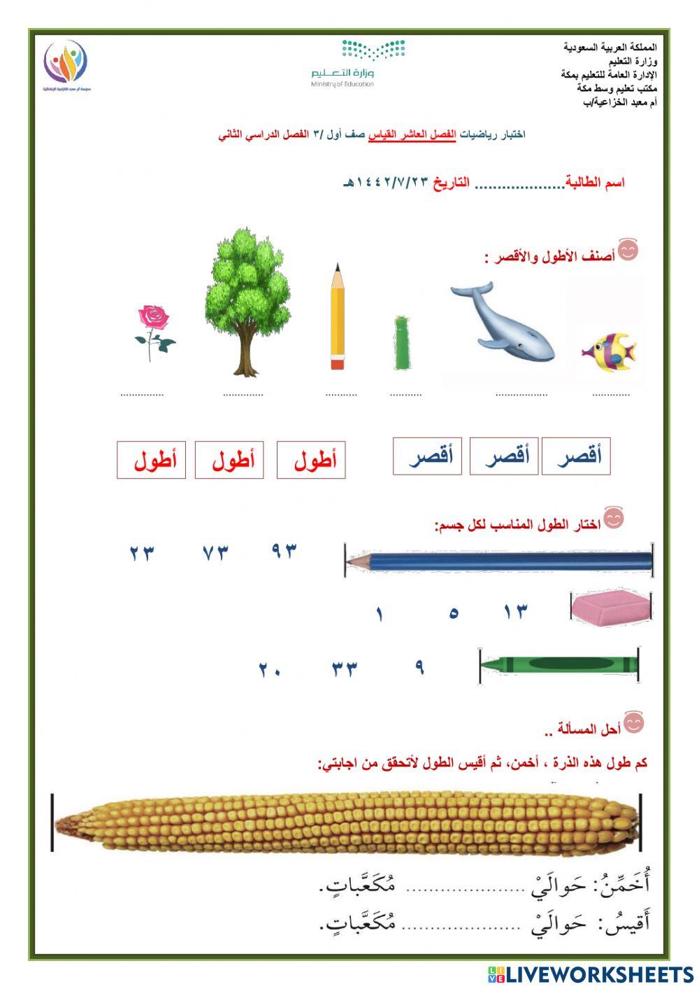 اختبار الفصل العاشر القياس