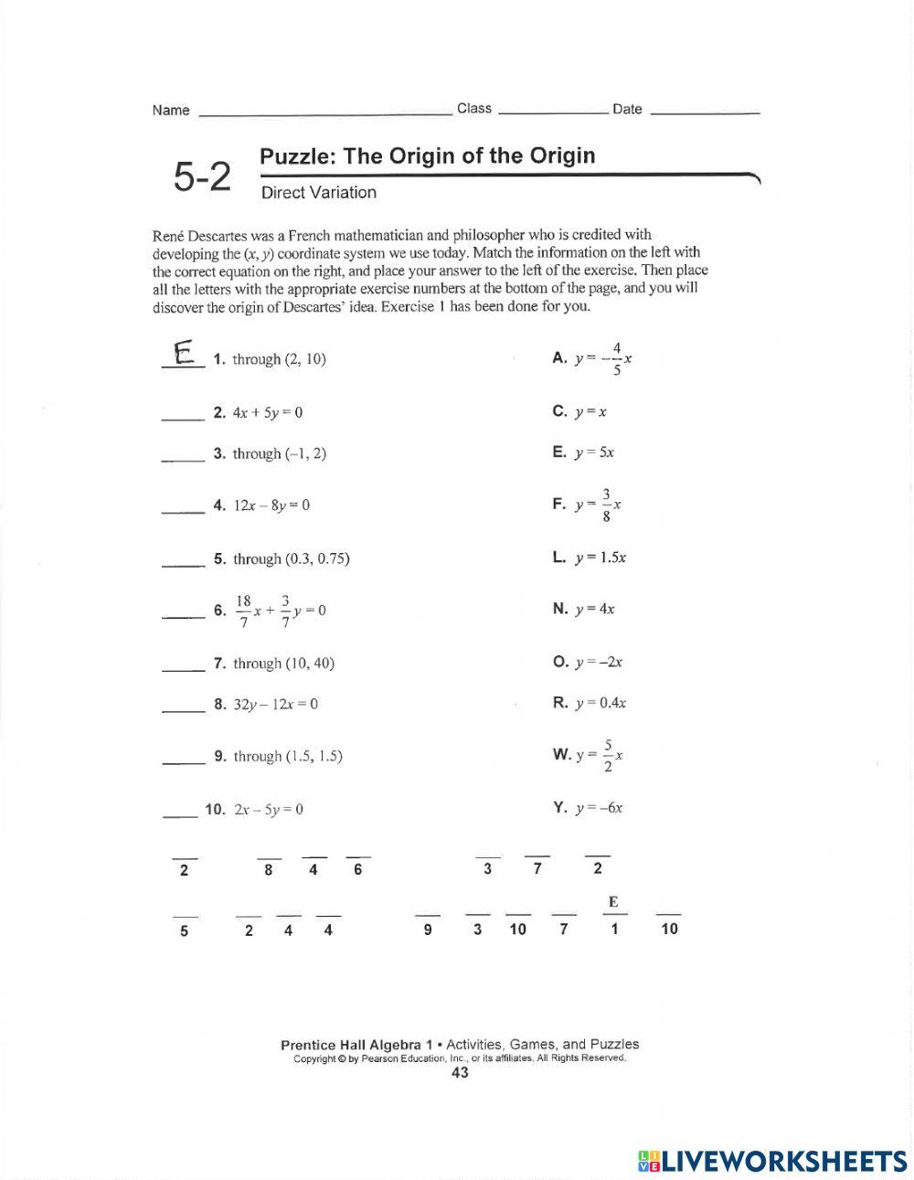 Direct Variation online exercise for Live Worksheets