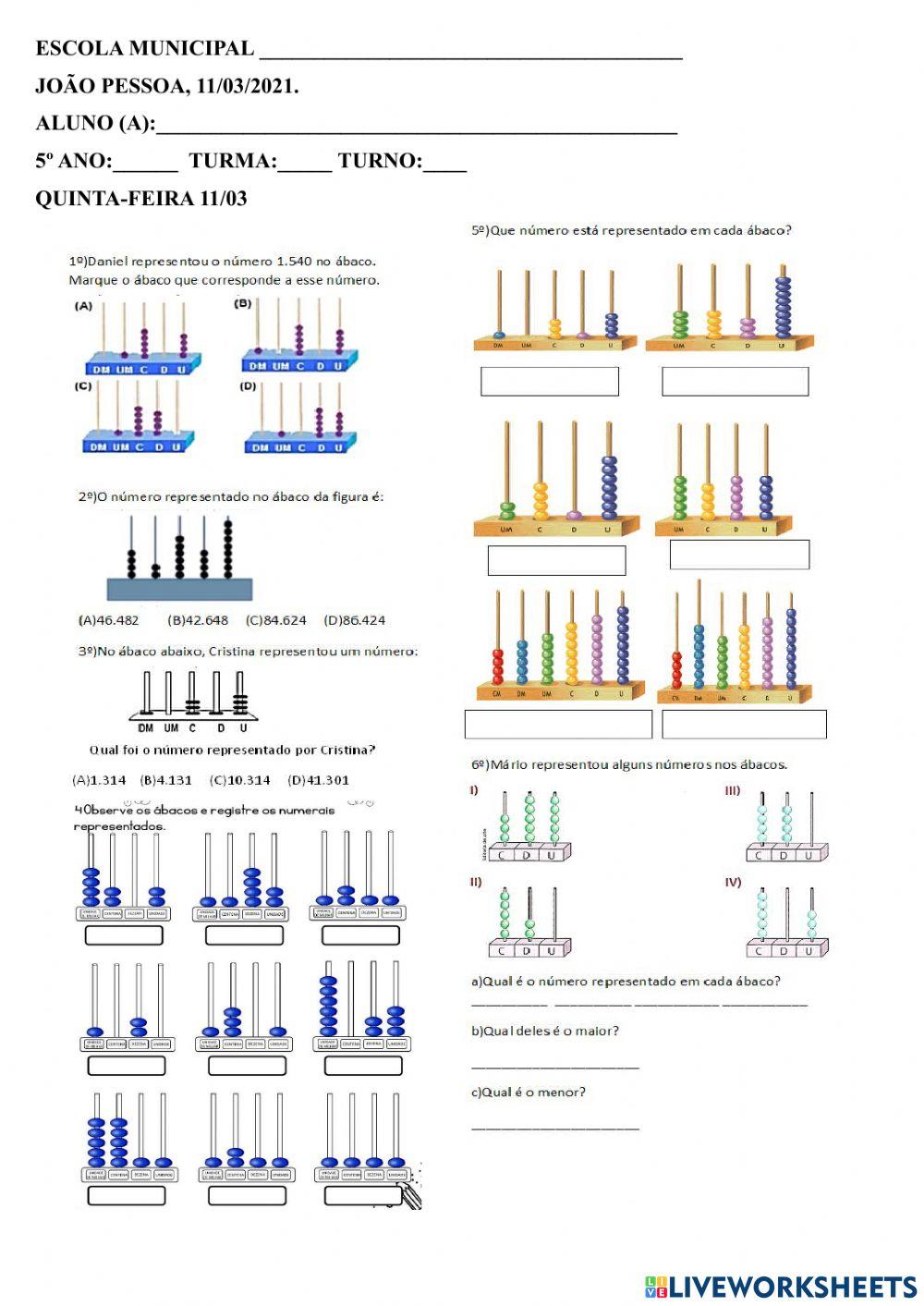 Atividade sobre representação numérica no ábaco
