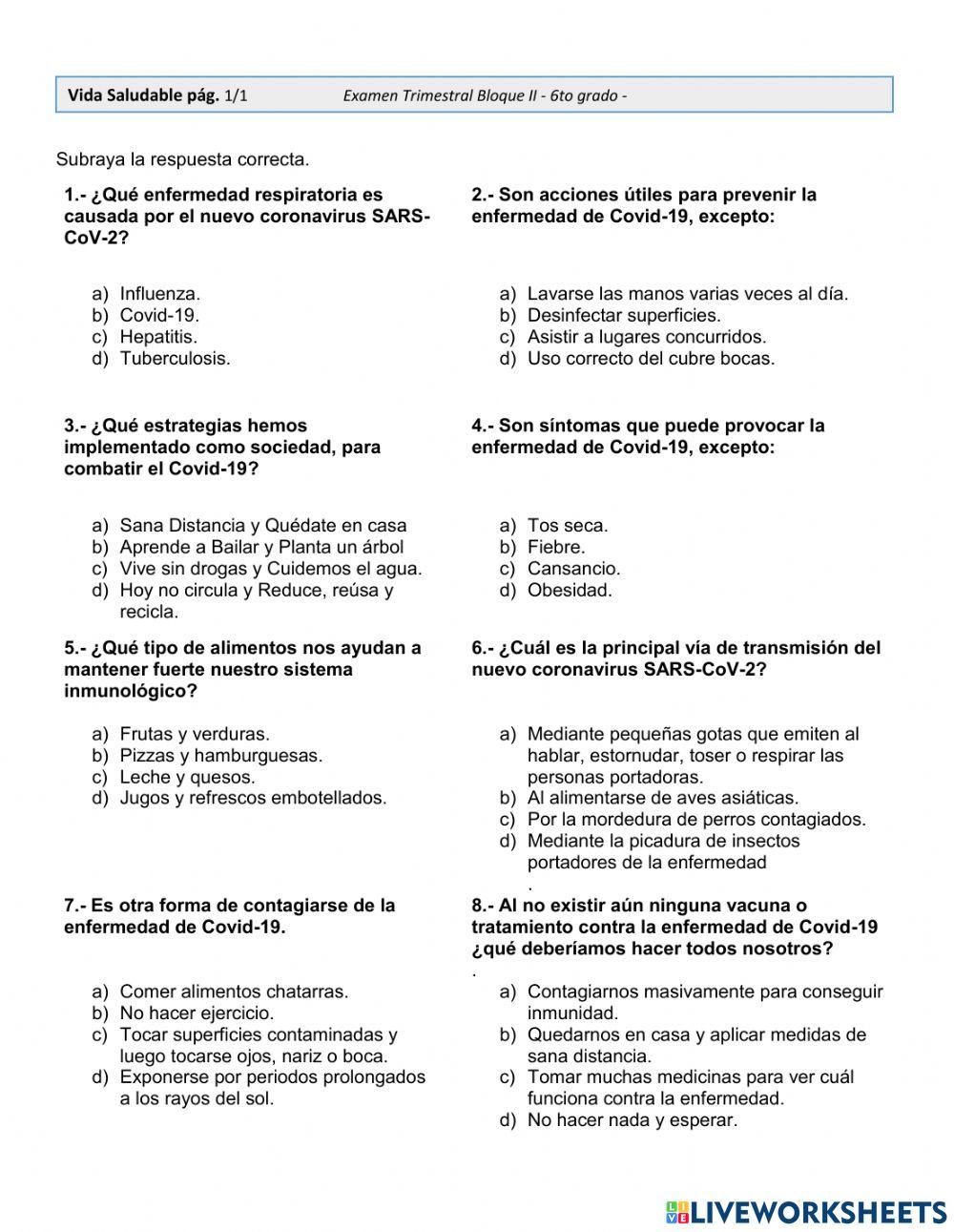 Examen de Vida saludable II Trimestre