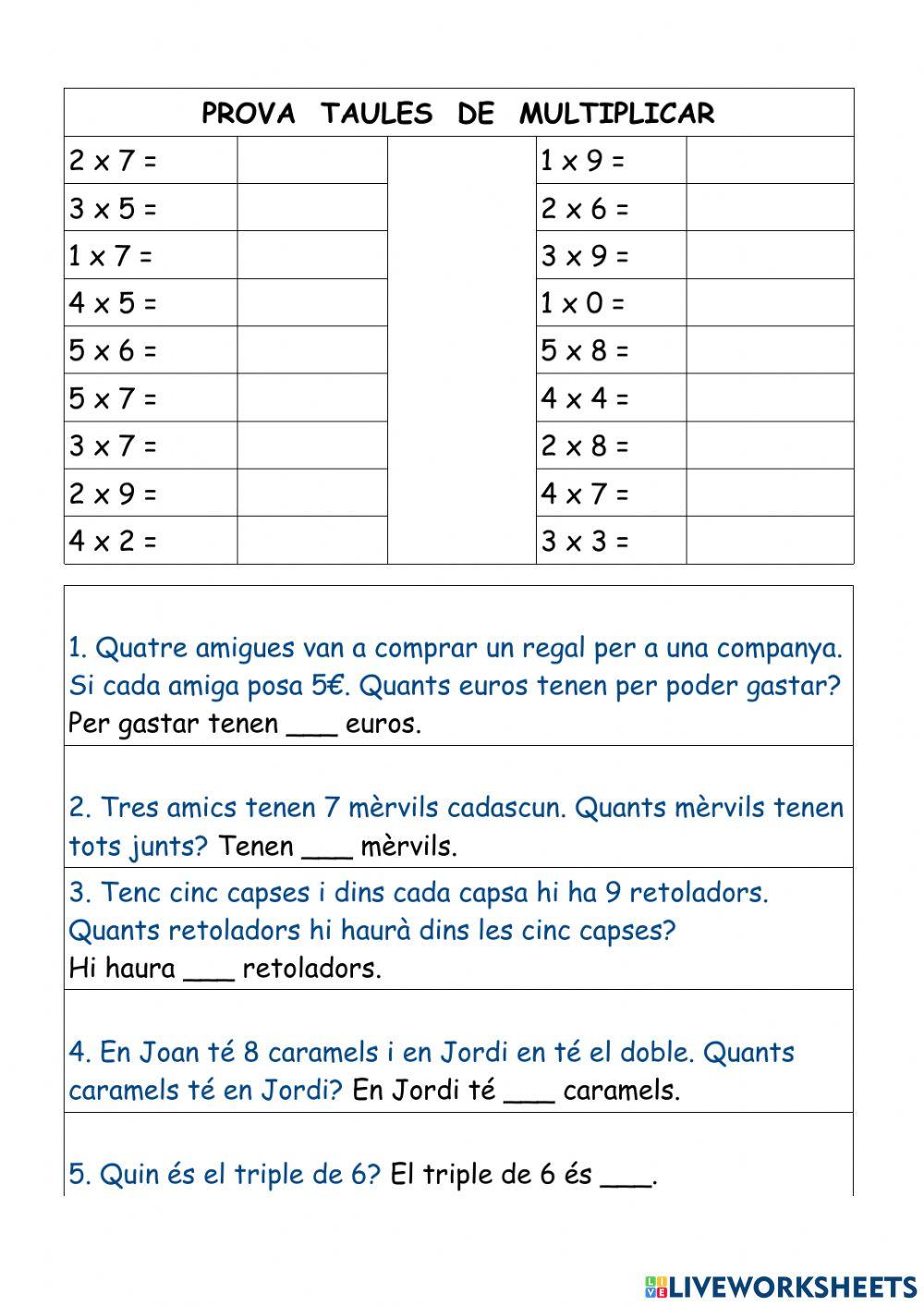 Problemes i taules de X de l'1 al 5