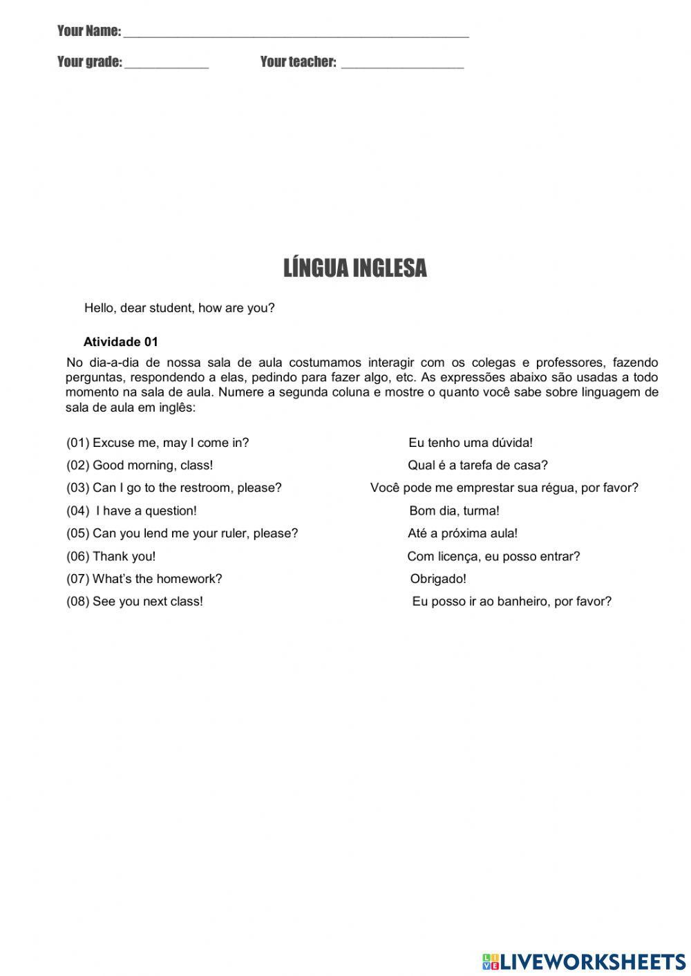 Língua Inglesa – My classroom and school objects (Minha sala de