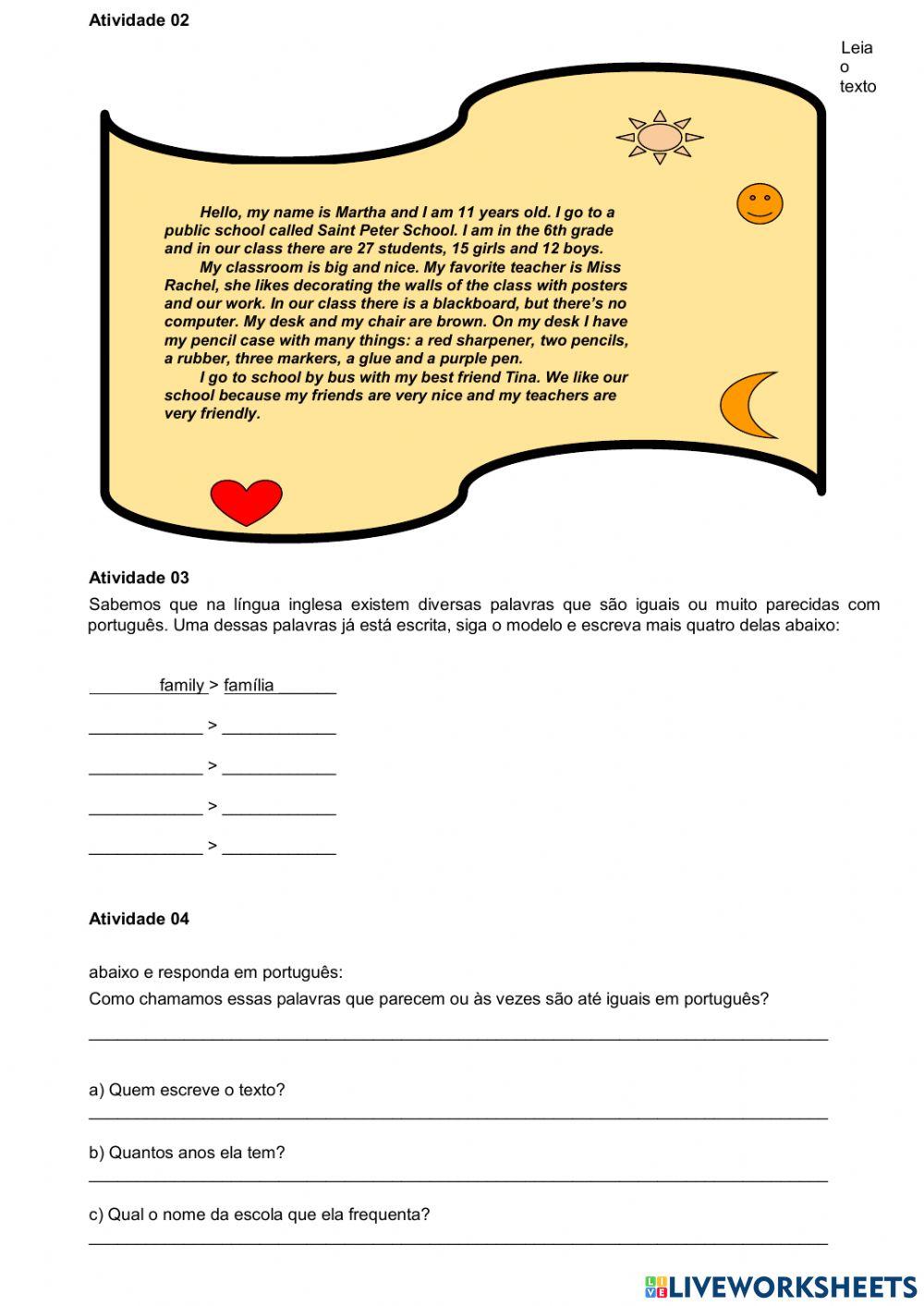 Greetings, palavras cognatas, school objects