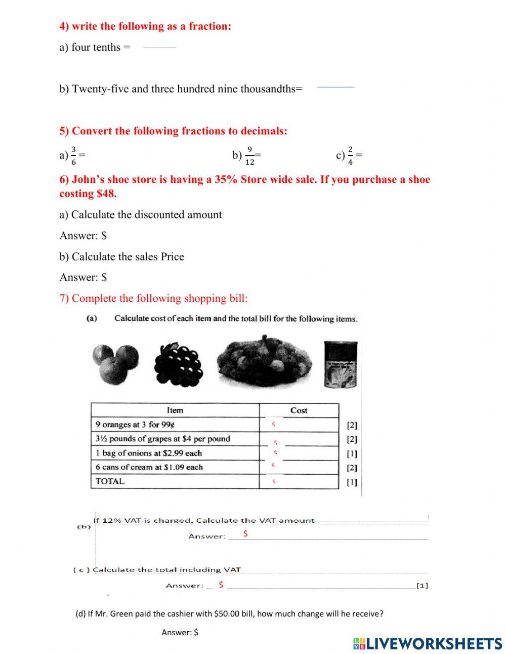 Fractions, Decimals, Percent Review