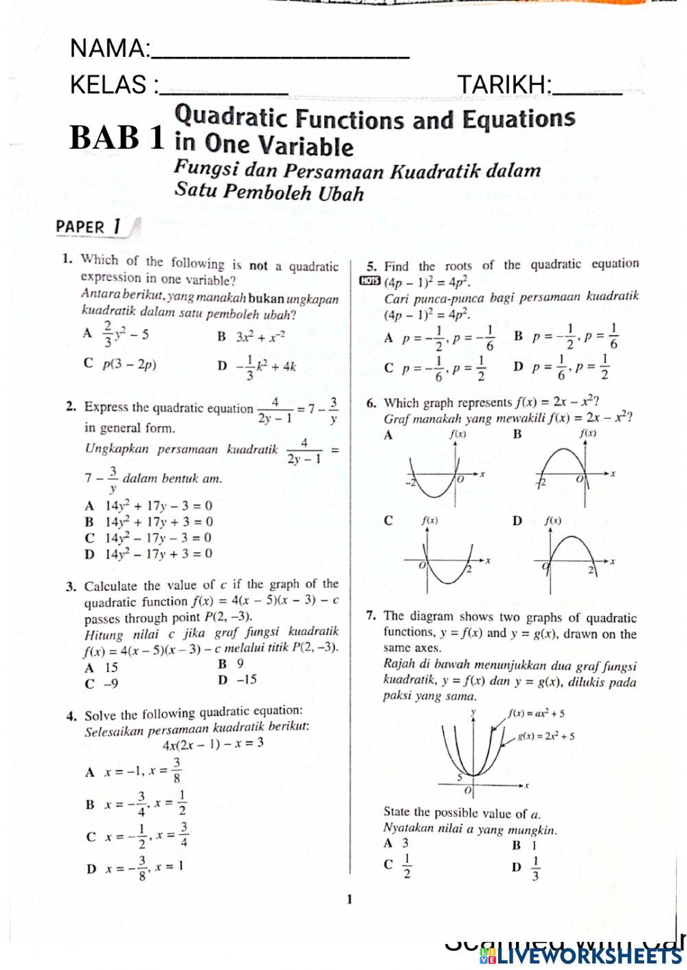 QUADRATIC  FUNCTION AND EQUATION IN ONE VARIABLE
