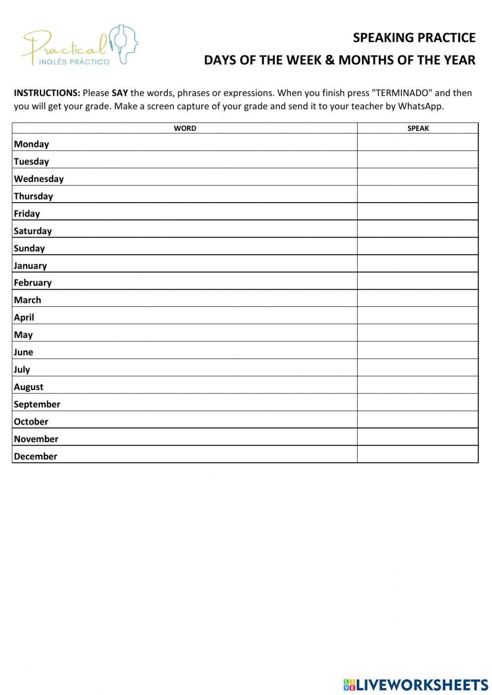 Speaking practice - days & months