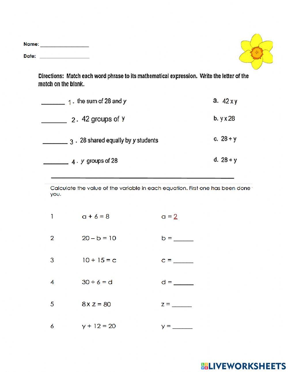 Write Expressions and Evaluate Expression worksheet | Live Worksheets